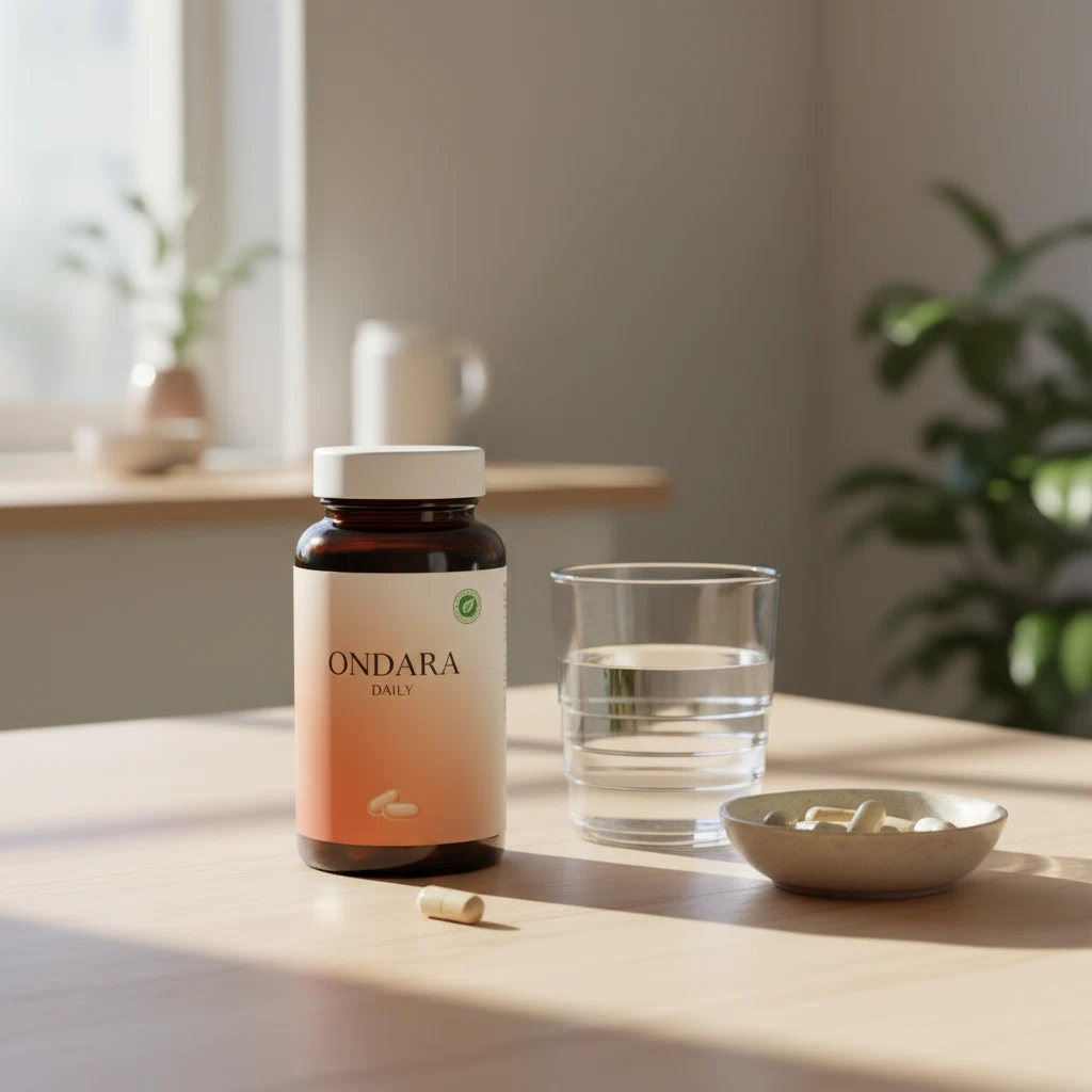 Ondara Daily fles naast een glas water op een lichte keukentafel in ochtendlicht